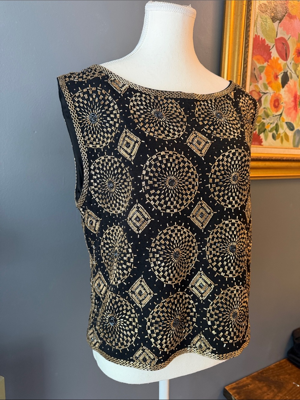 Adrienne Vittadini Beaded Wool Black and Gold Sleeveless Top